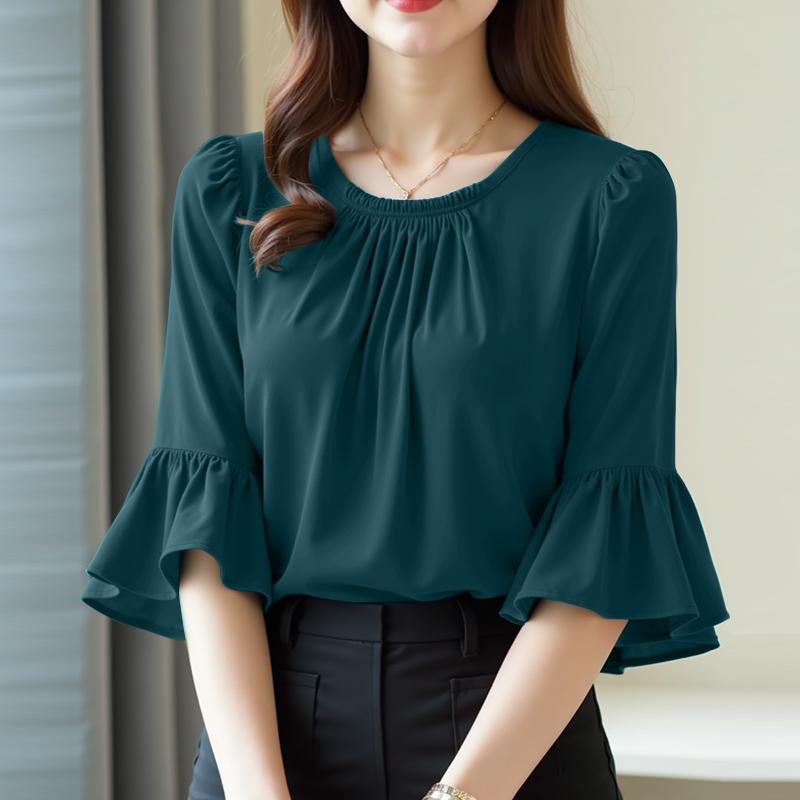 

ZANZEA Женская повседневная блузка с круглым вырезом, летняя, расклешенная, с рукавом 3/4, однотонная 3XL зелёный