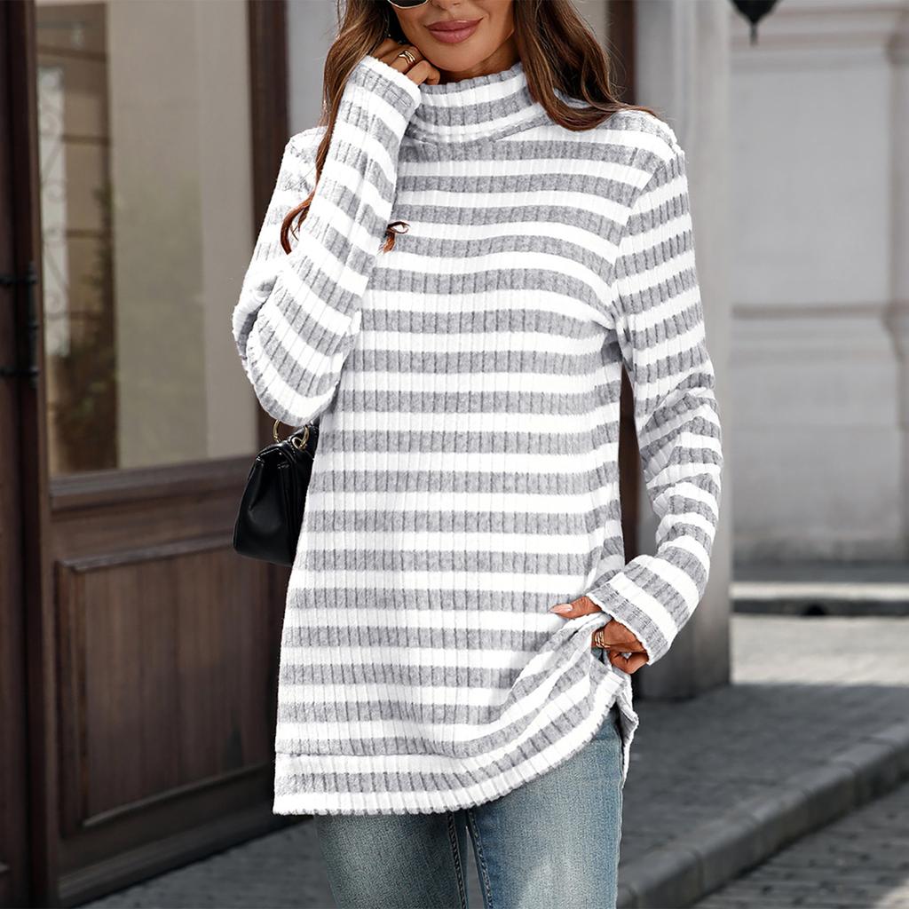 Women's Fashion Casual Striped High Neck Loose Long Sleeve Casual Pullover Top
