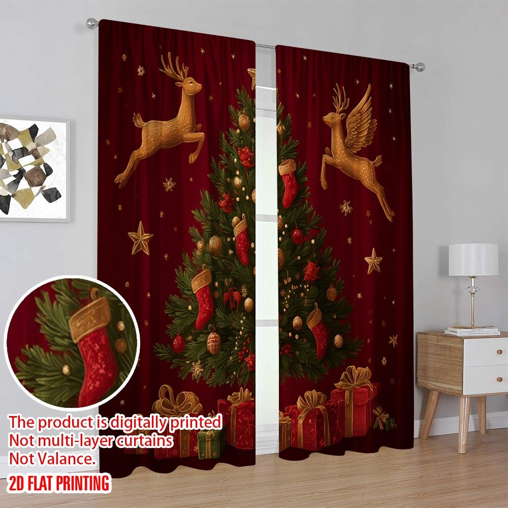 2 szt., druk płaski 2D Zasłony Rolety Renifer_ Drzewo_ Prezenty Trwała tkanina 100% poliestrowa (bez pręta) Prezenty dla