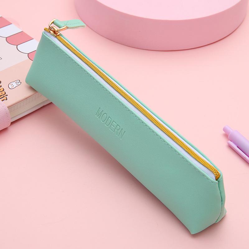 PU Leather Solid Color Pencil Case - School Supplies Stationery Bag