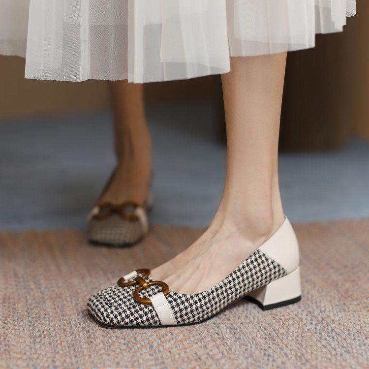 Chidori Plaid Cloth Thick with Square Head Single Shoes Female Metal Buckle Leather Comfortable and Versatile High Heel Women's Shoes Beans Shoes