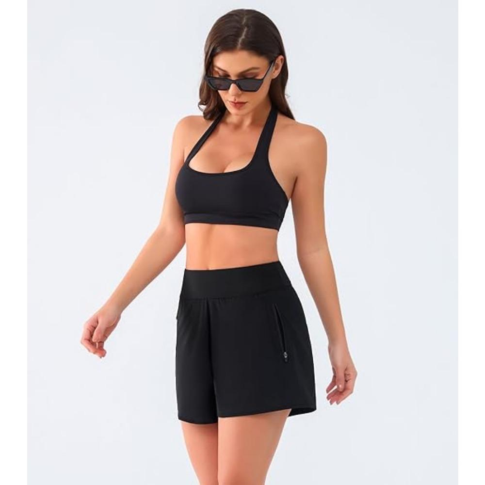 CHARMLEAKS Women's 3" High Waisted Swim Shorts with Zipper Pockets Quick Dry Board Shorts Swimsuit Bottoms Built-in Brief