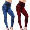 Colanți skinny din imitație de blugi cu mai multe buzunare, cu ridicare a șoldurilor, rupte și găuri, imprimați cu talie medie, elastici, pentru sport
