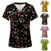 Camiseta informal de uniforme con estampado de Halloween de manga corta con cuello en V para mujer