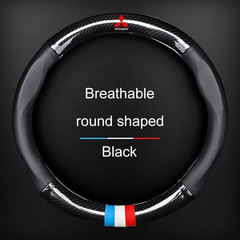 Leather Carbon Fiber Car Steering Wheel Cover Emblem For Mitsubishi Pajero Outlander XL Montero Lancer Triton l200 Galant