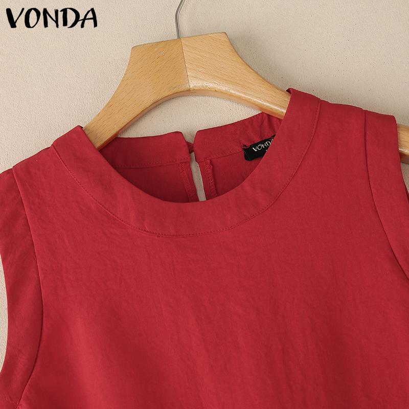 VONDA Women Round Neck Sleeveless Ruffled Twisted Hem Casual Tank Tops