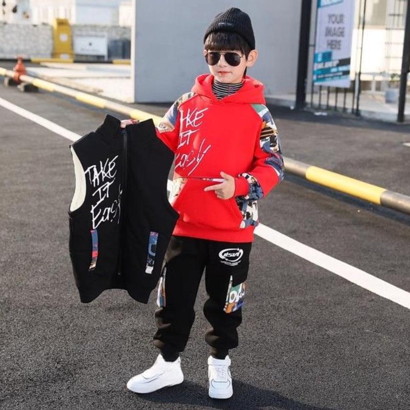 Frühlings- und Herbstanzüge für Jungen, Kapuzenpullover für Kinder, Langarmpullover + Weste + Hose sowie verdicktes dreiteiliges Set