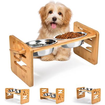 Erhöhte Hundenäpfe aus Bambus mit Ständer, verstellbar, erhöht, für Welpen, Katzen, Futter- und Wassernäpfe, Halter, Kaninchenfutterspender für kleine und mittelgroße Haustiere mit