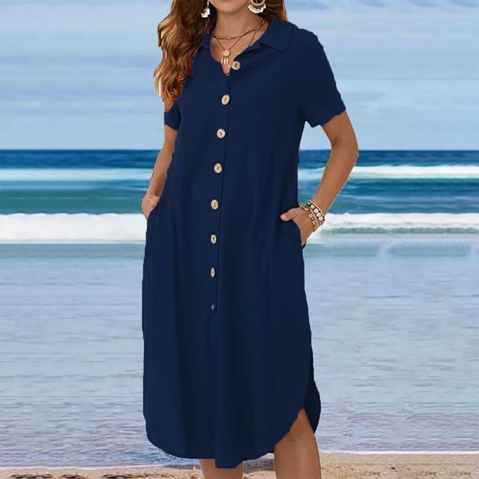 

Женское повседневное модное однотонное свободное платье-рубашка с длинными рукавами и карманами XXXL тёмно-синий