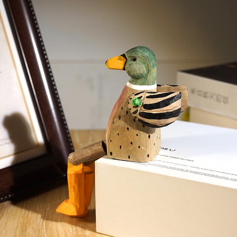 Envy Porcelain Long-Legged Duck: Handmade Wooden Carving, Small Ornament, Humorous Office Desktop Decoration.