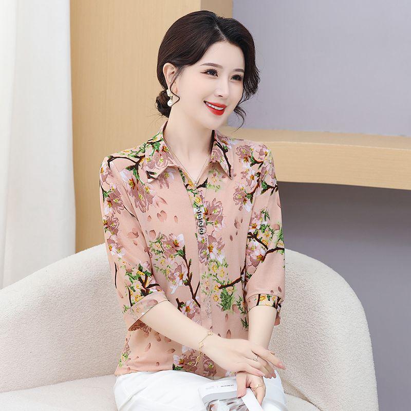 Women's Fashionable New Tops Seven-point Middle-aged Printed Shirt Floral