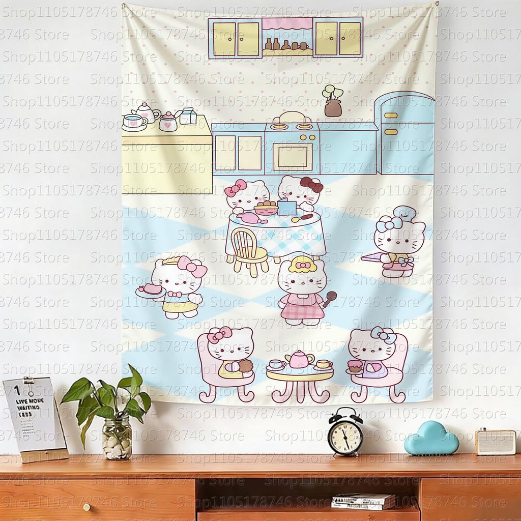 Kawaii Anime Hello Kitty Wall Hanging Tapestry Cute Fashion Bedroom Background Home Decor Original Design Wall Tapestries