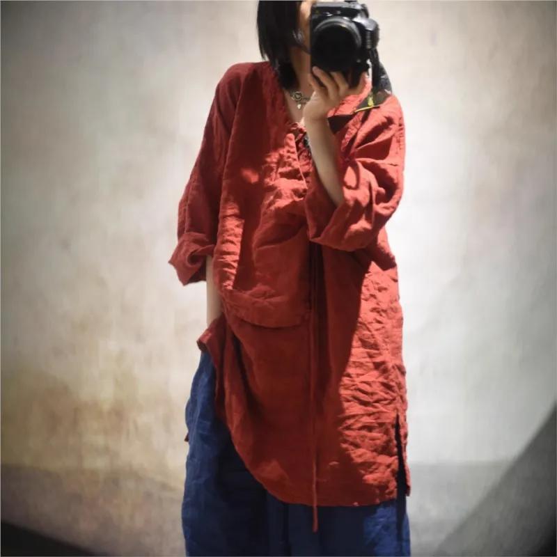 Johnature Women Vintage Shirts V-Neck Long Sleeve Tops Solid Color Spring Button Chinese Style Women Long Shirts