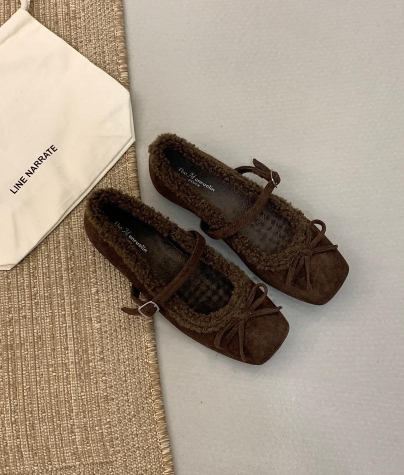 Internet Celebrity French Bow Warm Flat Bottom Fluffy Shoes Women Wear 2025 New Velvet Mary Jane Cotton Shoes