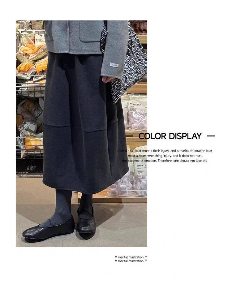 Women's Mid-Length Deep Gray Thickened Woolen Half-Skirt - Elastic Waist, Slimming, Autumn/Winter 2025.