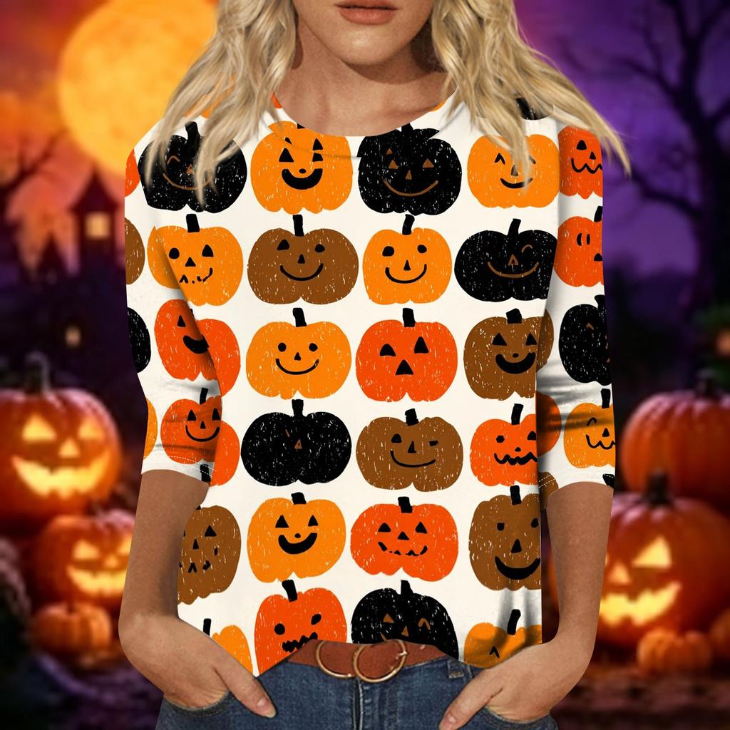 Women's Casual Halloween Print Top Three Quarter Sleeve Round Neck Pullover Shirt Lightweight Comfortable Fit for Everyday Wear