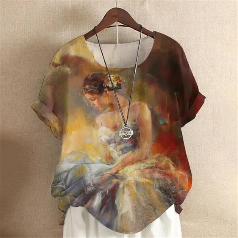Oil Painting Y2k Girls Digital 3D Print Summer Fashion Women T-shirt Short Sleeve Everyday T-shirt Harajuku Vintage Pullover