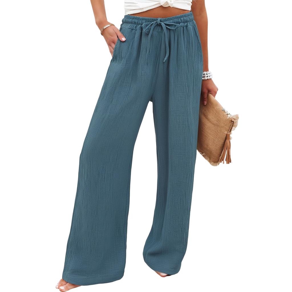 Women's Wide Leg Pants Elastic High Waist Drawstring Pants Flowy Summer Beach Palazzo Pants Casual Trousers