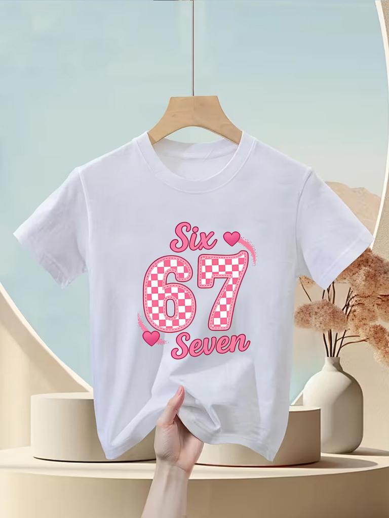 Number 67 Unisexs Tshirt Pink Checkered Six Seven Print Cute Heart Casual Short Sleeve Tee For Unisexs