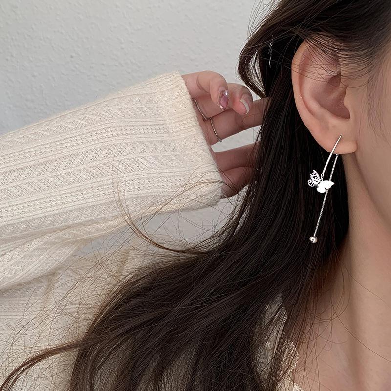 Hollow Butterfly Earrings Xiaohongshu Hot-Selling Antique Little Fairy Temperament Geometric Round Bead Rear Hanging Earrings