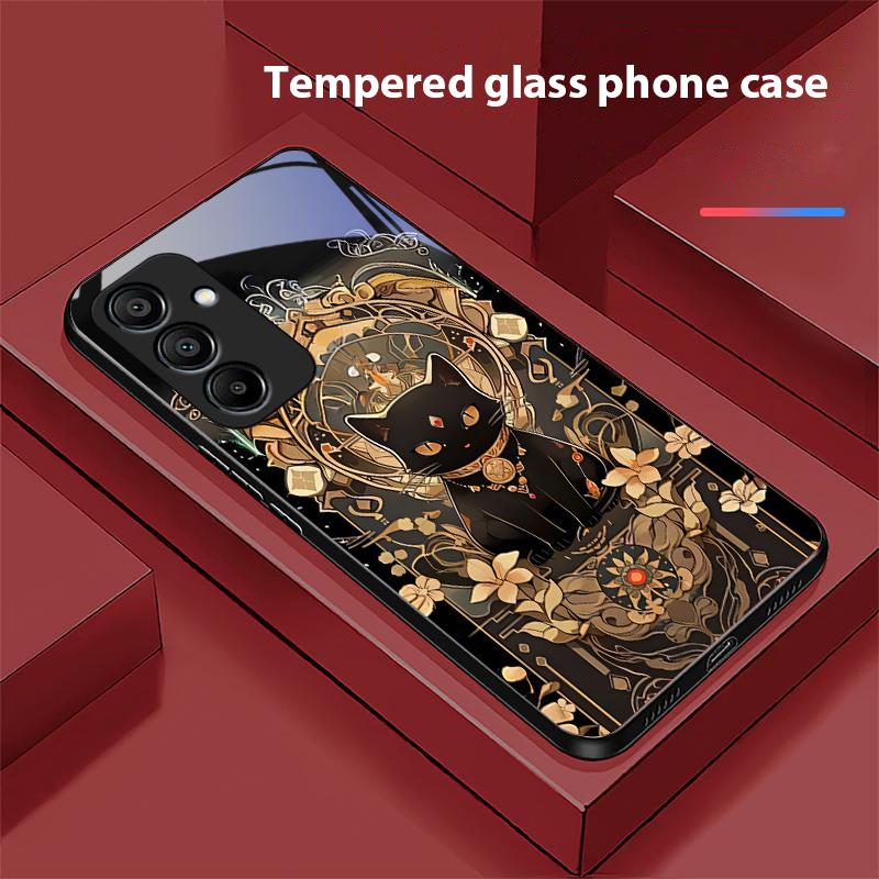 Black Gold Cat For Samsung Galaxy A15 5G 54 4G 51 50 24 35 90 71 12 51 53 52S 80 22 34 Black Tempered Glass Phone Case