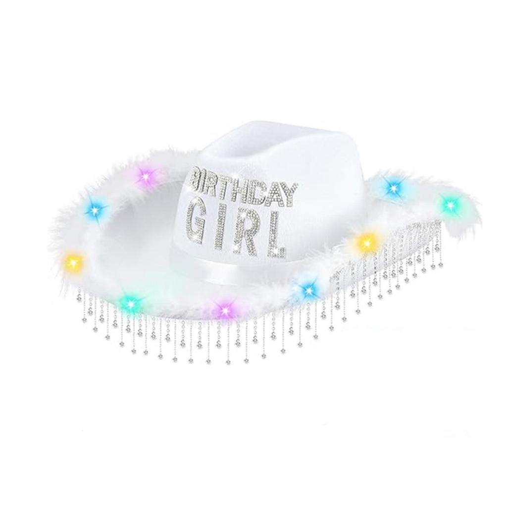 Birthday Tassels Rhinestone Cowgirl Hat With Colorful LED Lights Adjustable Top Cap for Parties Birthday Gathering