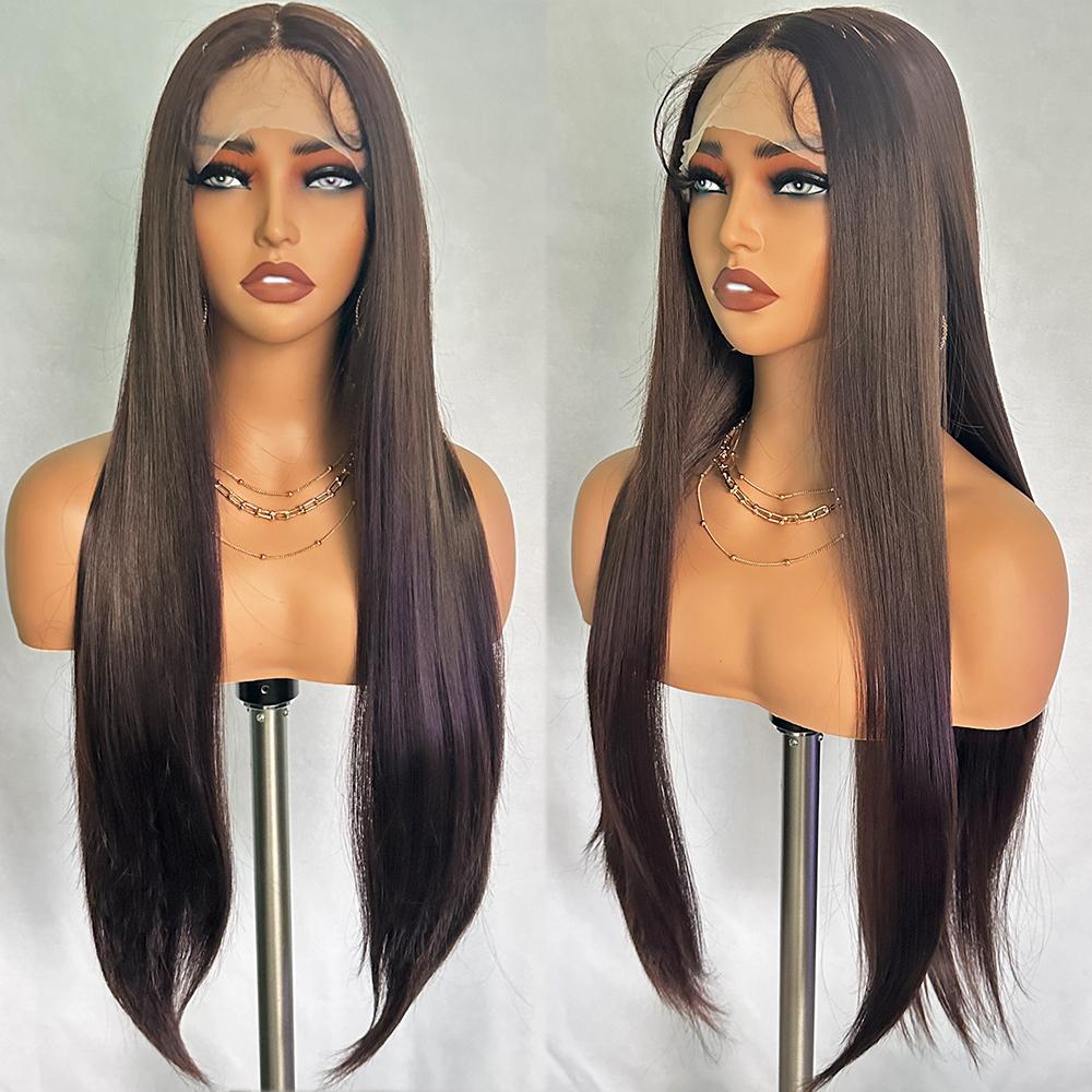 Long Straight Synthetic Lace Wig 32In Middle Part Wigs with Pre Plucked Baby Hair Brown Color Heat Resistant Fiber for Women