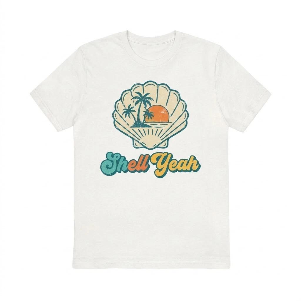 Retro Shell Yeah T-Shirt - Vintage Beach Sunset Shell Graphic Tee - Summer Vibe