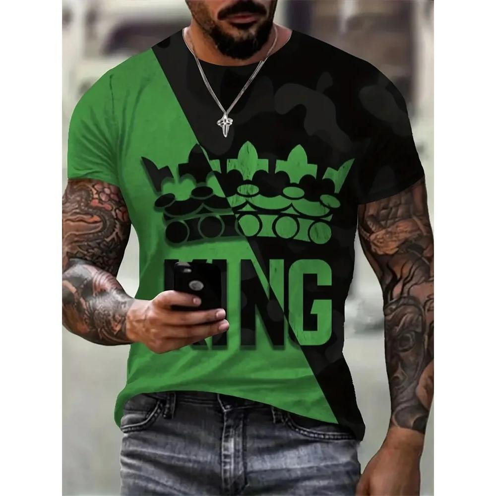 Spring and Autumn Round Neck 3D King Pattern Color Block Printed Top Fashionable Casual Long Sleeved Men's T-shirts
