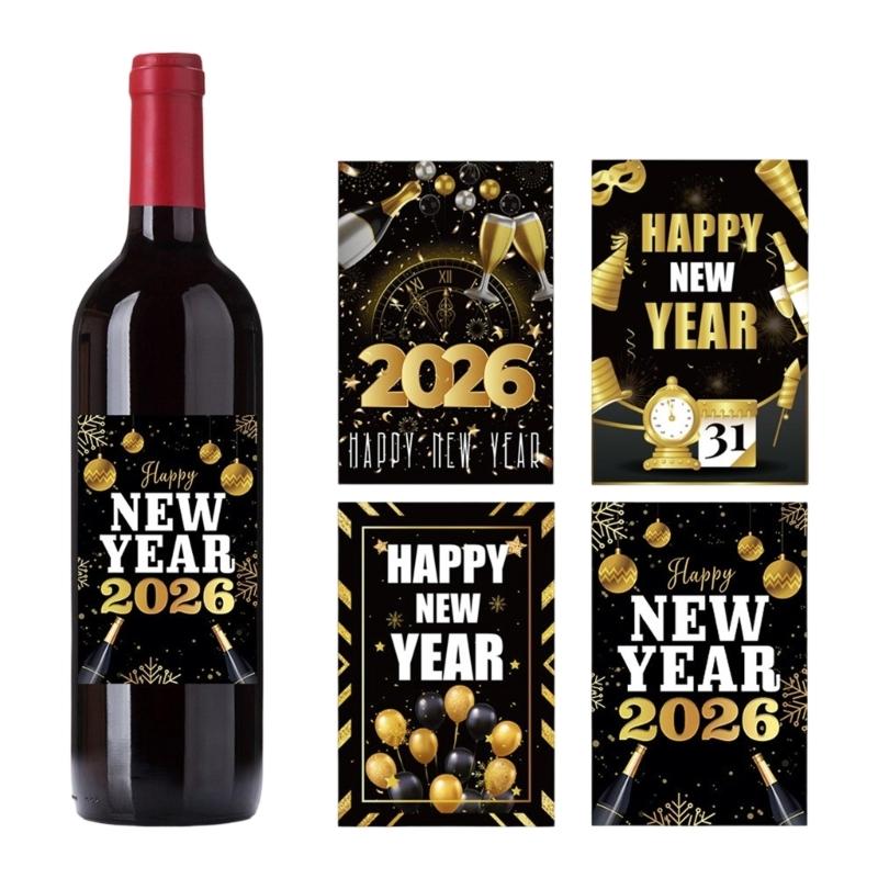 24Pcs 2026 New Year Party Decoration Gold Black Bottle Wrapping Labels Waterproof Wine Decorative Sticker For Champagne
