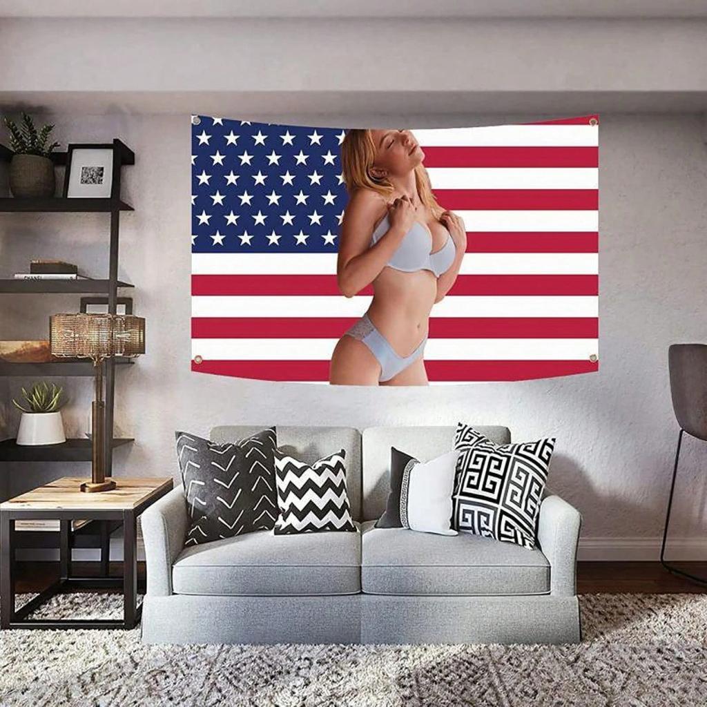 Sydney Sweeney America Flag Funny Meme Tapestry For Wall Hanging College Dorm Man Cave Bedroom Living Room Party And Home D