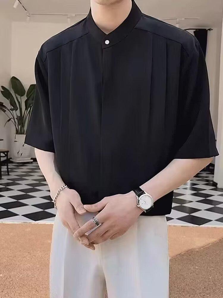 Men's Summer Short-Sleeve Ice Silk Shirt - New Chinese Style, Korean Slim Fit, Iron-Free, Light Mature Design