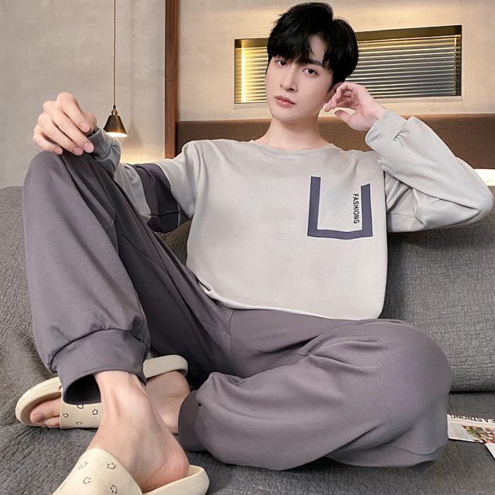 Men's Spring/Autumn Long Sleeve Cotton-Look Pajama Set - Youth Style, Casual Homewear, Plus Size.