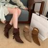 Fine Heel Pointed Pleated Straps Stacked Boots 2025 New Retro Suede Flanged Metal Buckle Fashion Short Boots