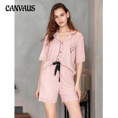 Women's Summer Cool Feeling Short Sleeve Loungewear Shorts Set Solid Colour Modal Cotton Loose Lace Pajama Set