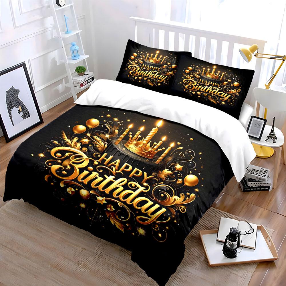 Golden Happy Birthday Design Bedding Duvet Cover Set Duvet Cover Pillowcases  (1*Duvet Cover 2*Pillowcases, without duvet insert)