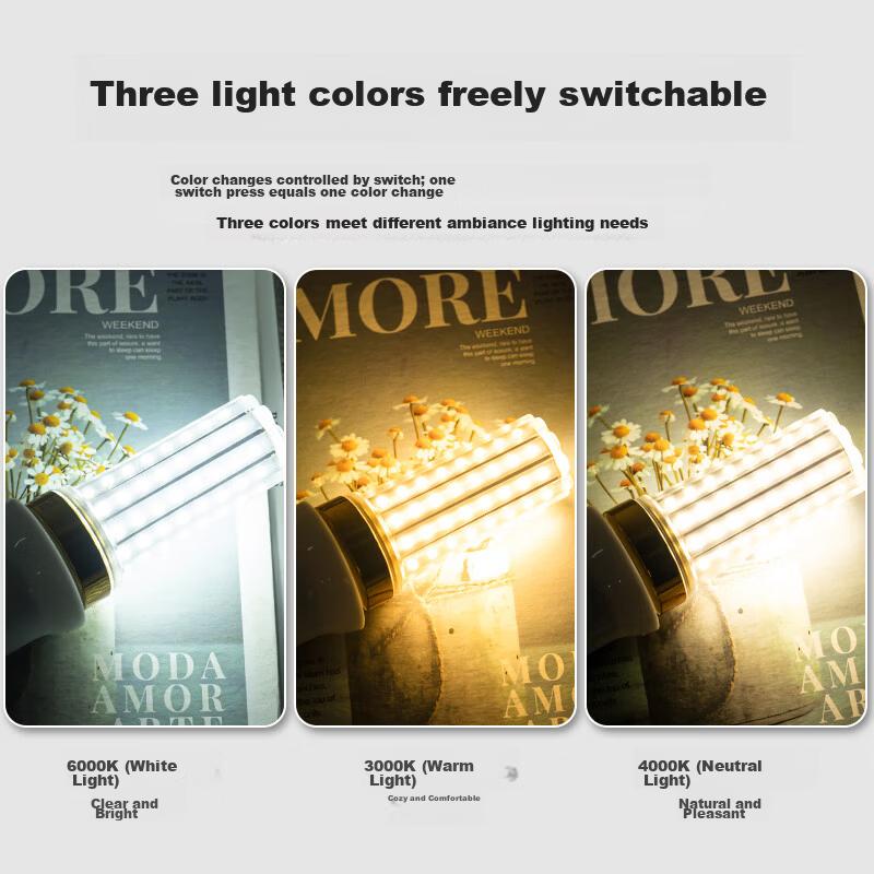 Jinggong LED Corn Bulb Energy-Saving Lamp E27 Large Screw Base High Power Three-Color Dimmable Decorative Light 16W Tri-Color Dimming