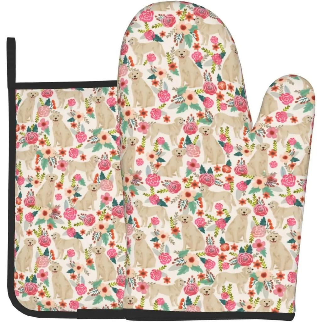 Cute Golden Retriever Dog Puppy Lovers Flower Florals Print Oven Mitts and Pot Holders Set Reusable Non-Slip Heat Resistant