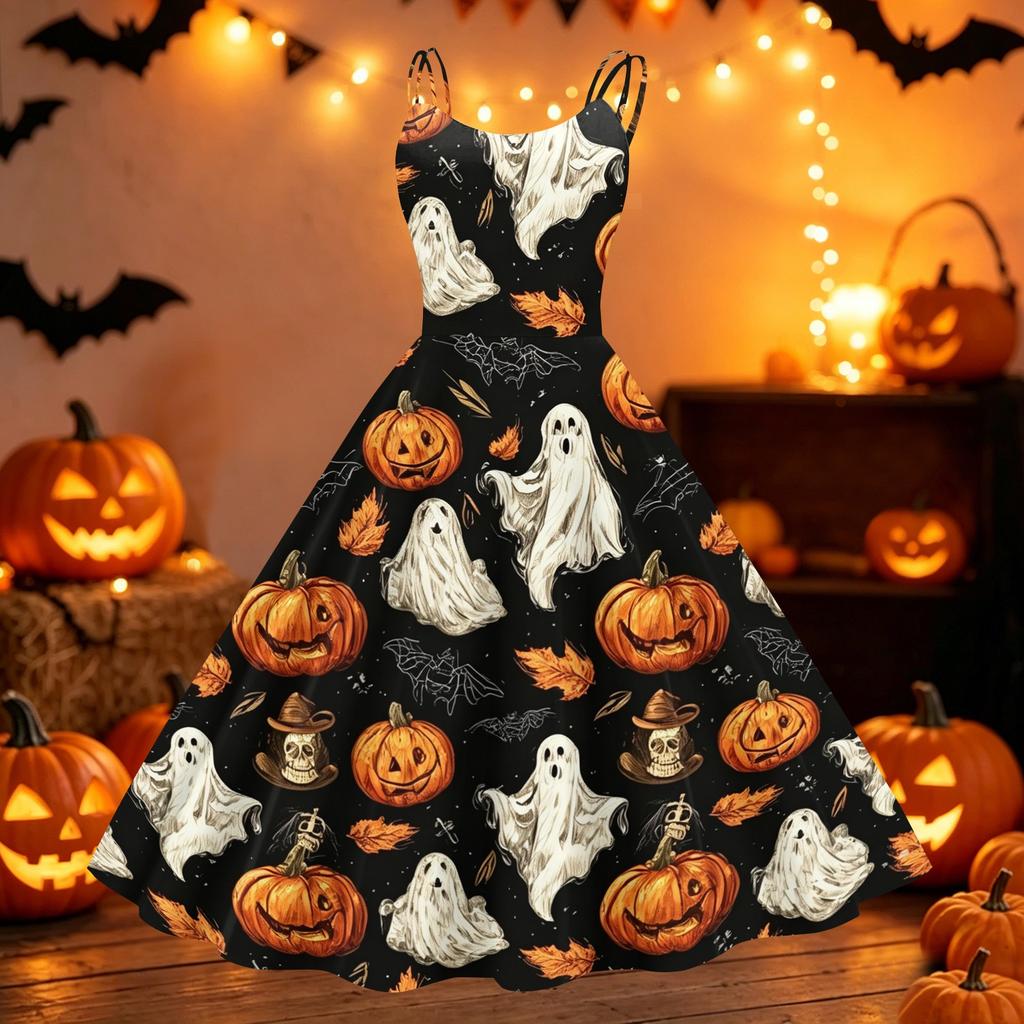 Women's Halloween Print Off Shoulder Dress Vintage Punk Style A Line Midi Dress with Flared Skirt and Adjustable Straps for Party