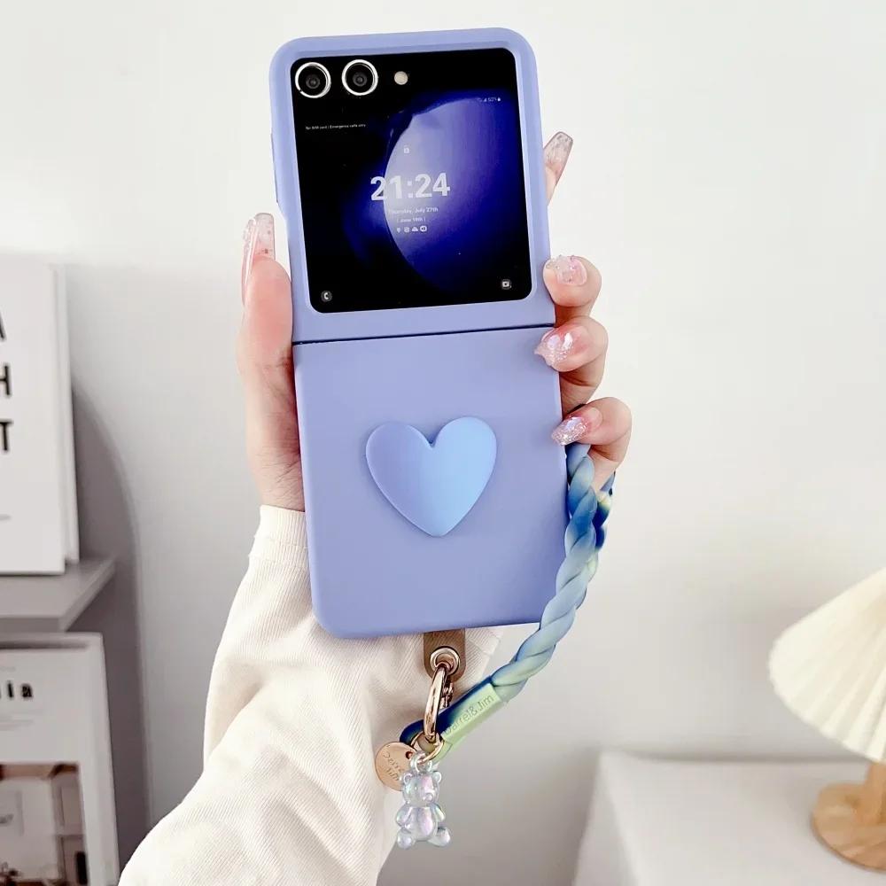 Luxury Candy Color 3D Love Heart Matte Phone Case for Samsung Z Flip 7 6 5 Gradient Bear Wristband Lanyard Shockproof protect Cover Samsung Flip7