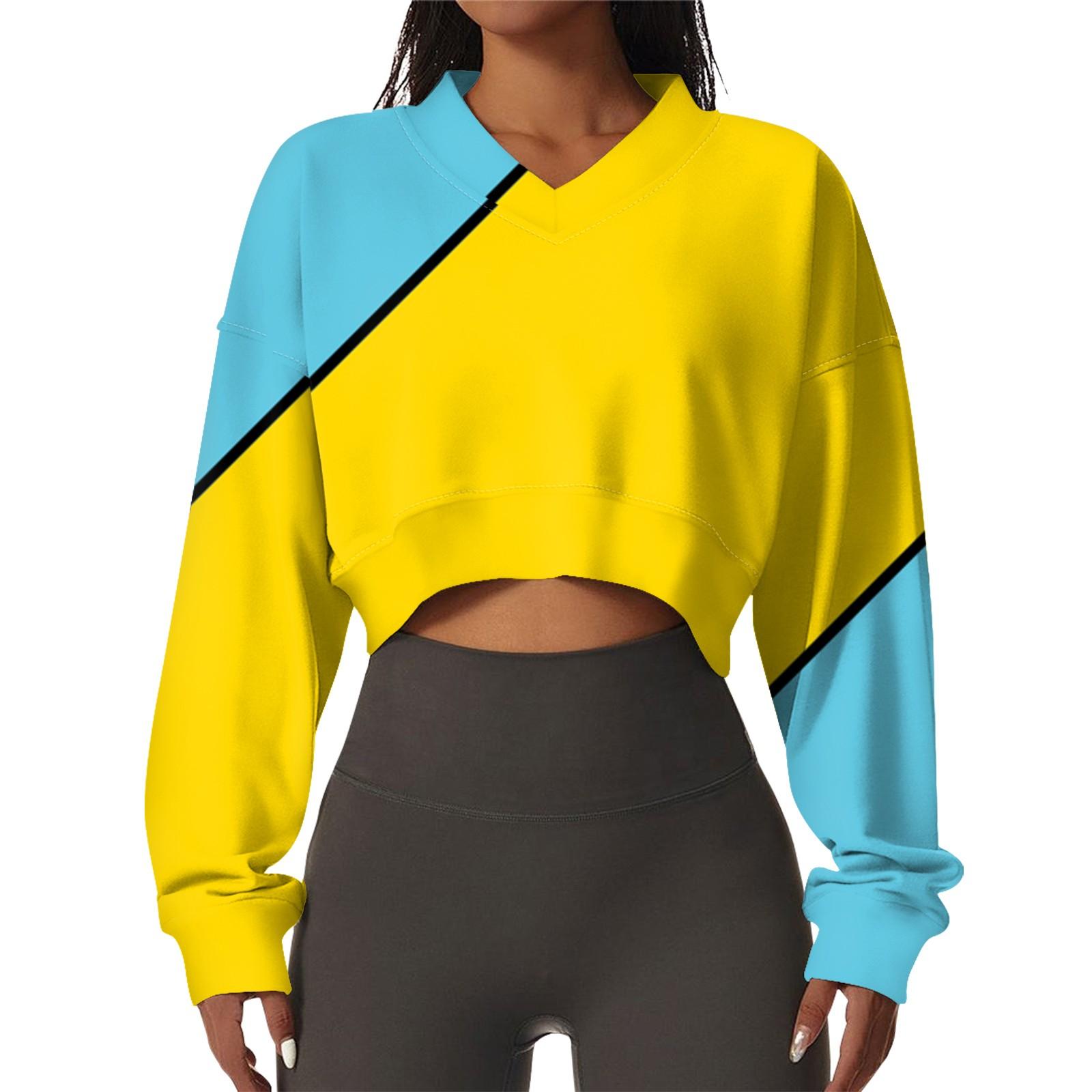 

Женская повседневная модная сексуальная удобная спортивная толстовка с V-образным вырезом и длинным рукавом с геометрическим принтом XL жёлтый