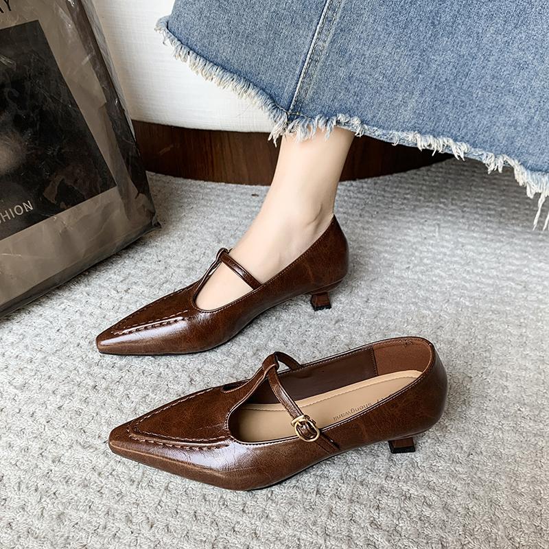 Elegant Pointed Toe Mary Jane Shoes Women's Spring Autumn New Style Thin Medium Heel Leatherette Single Shoes Buckle Strap