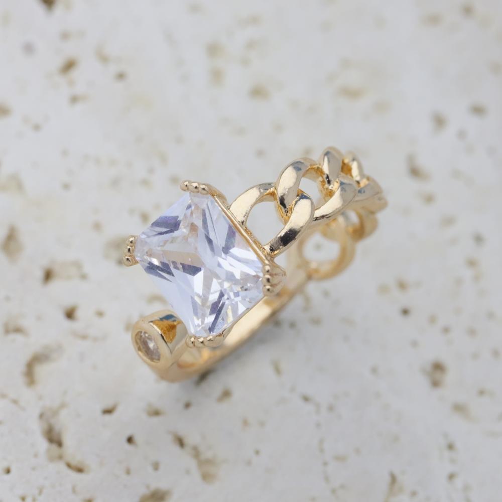 Trendy Cuban Link Open Ring Square Zirconia, Adjustable Golden Tone Finger Ring белый