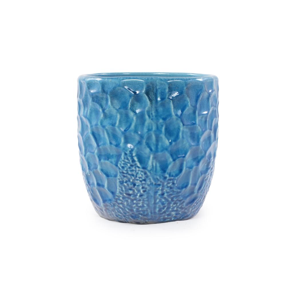 Handmade Ceramic Plant Pot Set of 4 (diameter 38/30/22.5/18 Cm), Glossy Blue with Round Hammered Relief, Frost-Resistant, with Drainage Holes