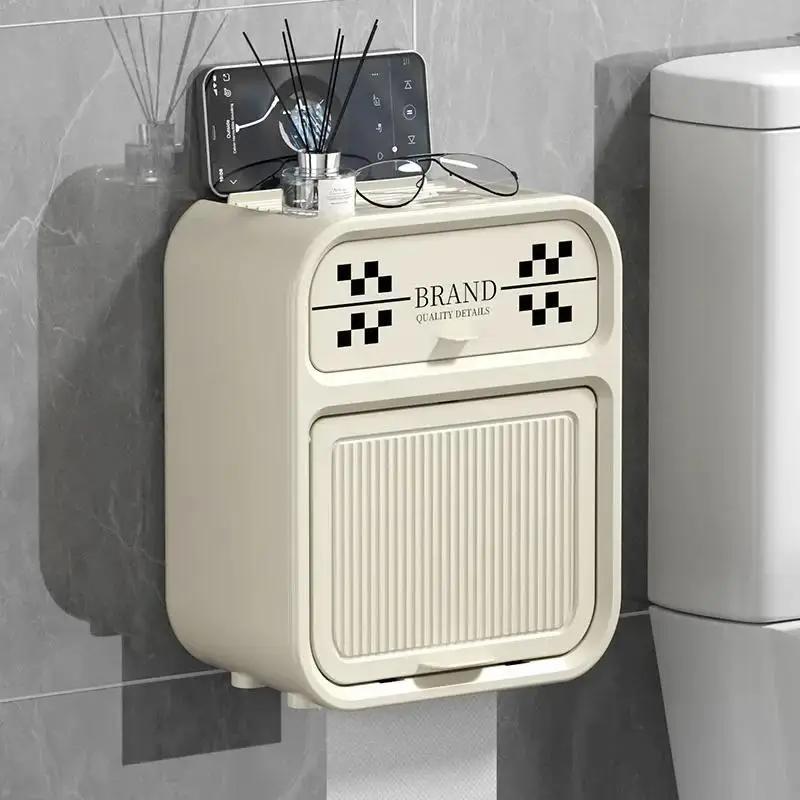 Nordic Style Checkerboard Bathroom Paper Towel Box Double Layer Shelf Waterproof No Perforated Wall Mounted Roll Paper Boxes