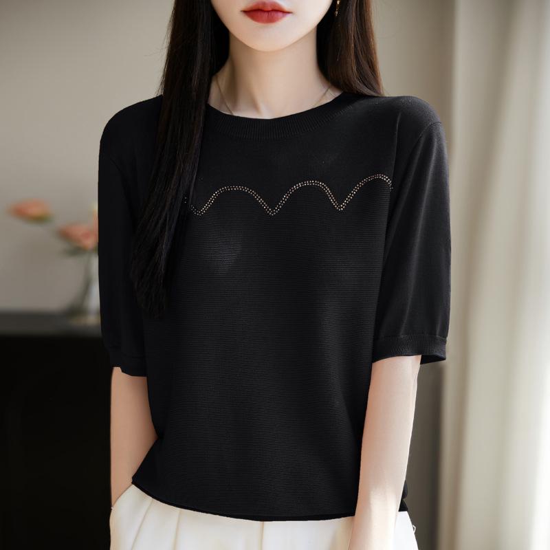 2025 Summer Round Neck Knit Short Sleeve Women's Slimming Casual Top