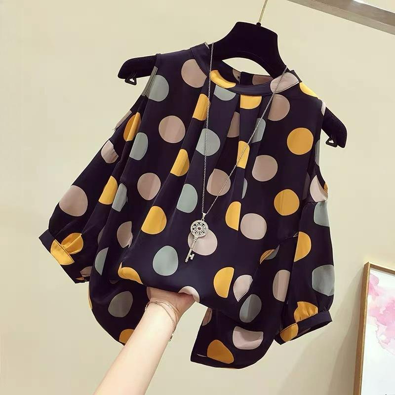 Polka Dot Off-the-shoulder Imitation Chiffon Women's Short-sleeved Summer Small Shirt Western Style Design Top To Cover Belly