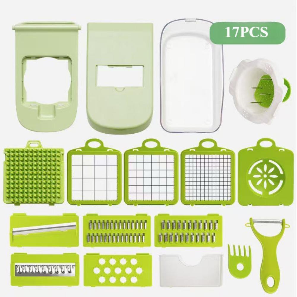 

Многофункциональная мандолина с 12 лезвиями для кухни, измельчитель продуктов, слайсер для огурцов и спирализатор, подарки для мамы, кухонные принадлежности 17pcs зелёный