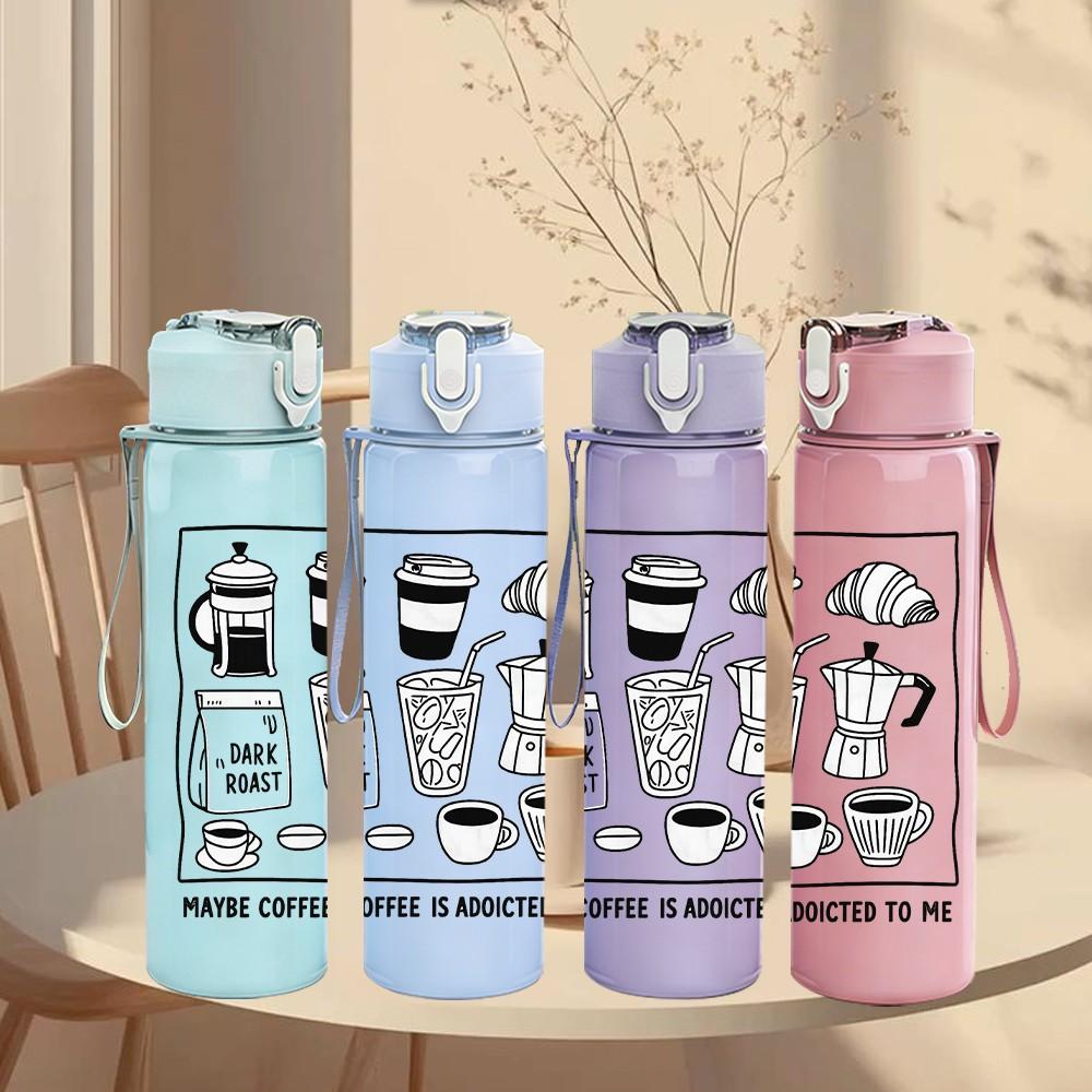 1PC Coffee Equipment Line Sketch Print 750ml Color Plastic Sports Water Bottle Leakproof Flip Straw Lid Suitable for Sports Office Home Use