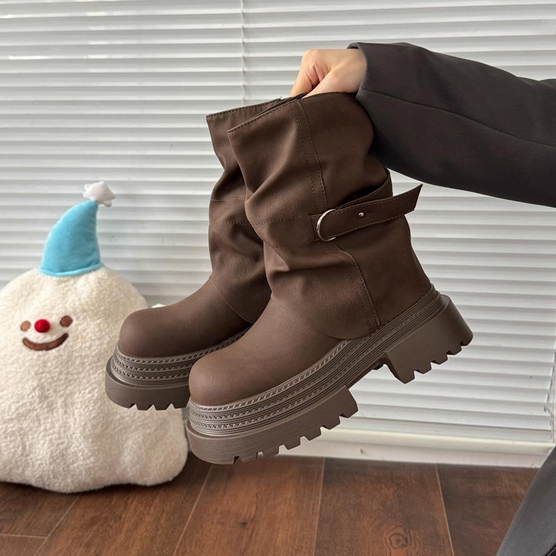 Winter Vintage Thick Bottom Woman Knight Boots Fashion Belt Buckle Shoes Female Height Increase Slip On Long Booties